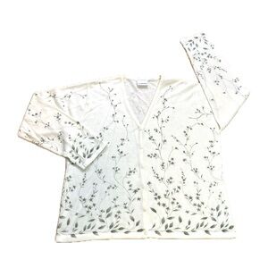 VTG Liz Claiborne Villager White & Green Floral V-Neck ButtonDown XL Cottagecore